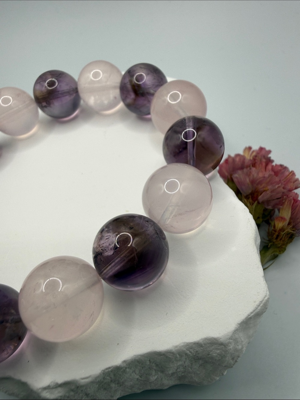 Amethyst & Rose Quartz Beaded Stretch Bracelet - Purple and Pink - Picture 6 of 7